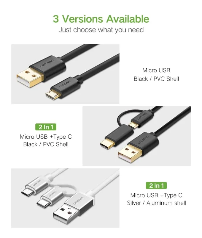 Ugreen 30381 2M màu trắng Cáp USB-A sang Micro USB + USB-C cao cấp US142 — ảnh 9