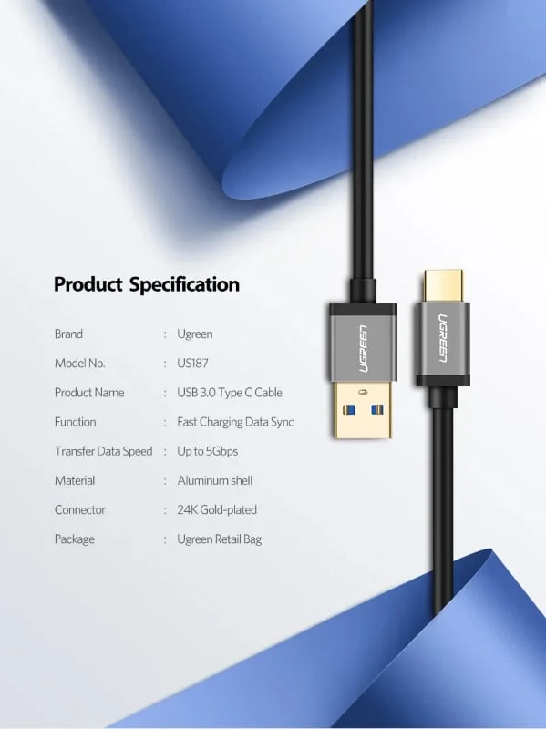 Ugreen 30535 2M màu Đen Cáp dữ liệu, sạc nhanh USB Type-C sang USB 3.0 US187 — ảnh 8