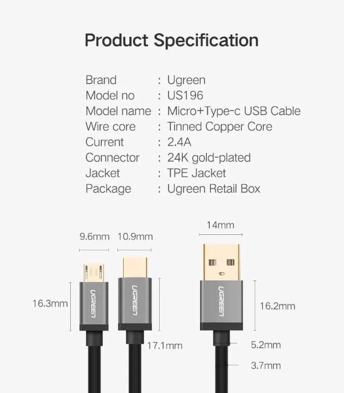 Ugreen 30574 2m màu xanh Cáp USB-A 2.0 sang Micro USB + USB-C US196