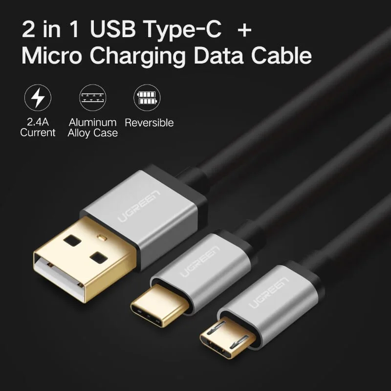 Ugreen 30572 1m màu xanh Cáp USB-A 2.0 sang Micro USB + USB-C US196 — ảnh 4