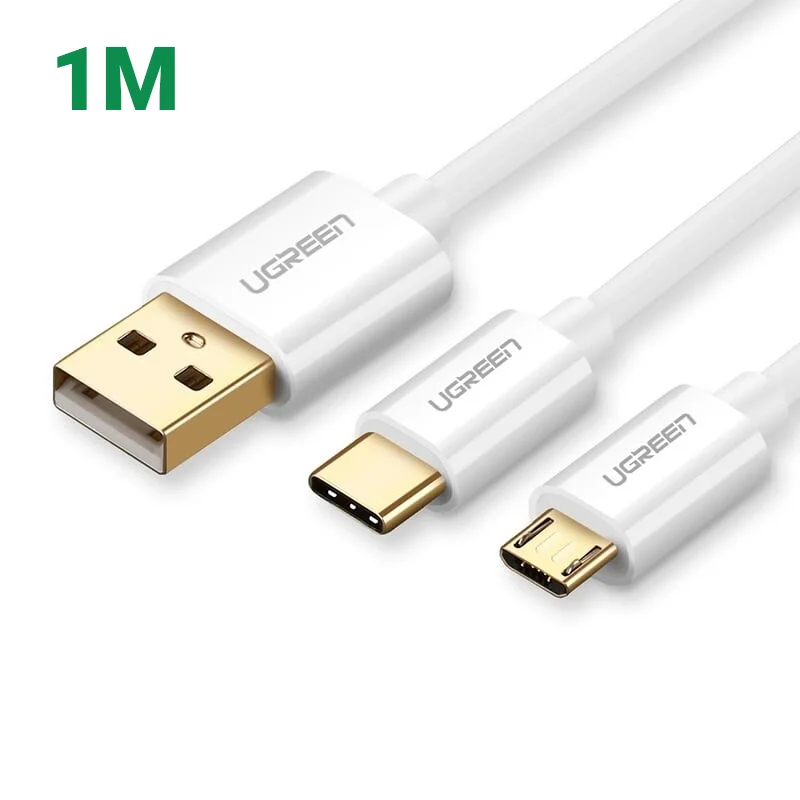 Ugreen 30576 1M màu Trắng Cáp USB-A sang Micro USB + USB-C cao cấp US197