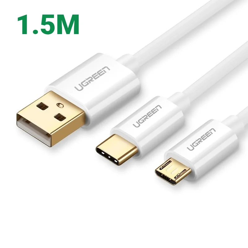 Ugreen 30577 1.5M màu Trắng Cáp USB-A sang Micro USB + USB-C cao cấp US197