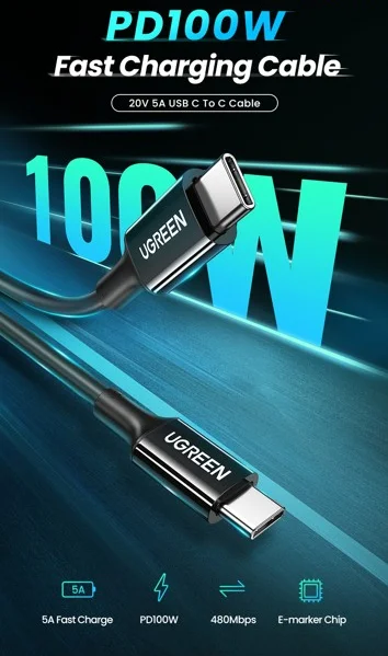 Ugreen 30700 0.5M USB-C 2.0 100W 5A Cáp sạc nhanh, truyền dữ liệu 2 đầu Type-C US300 — ảnh 2