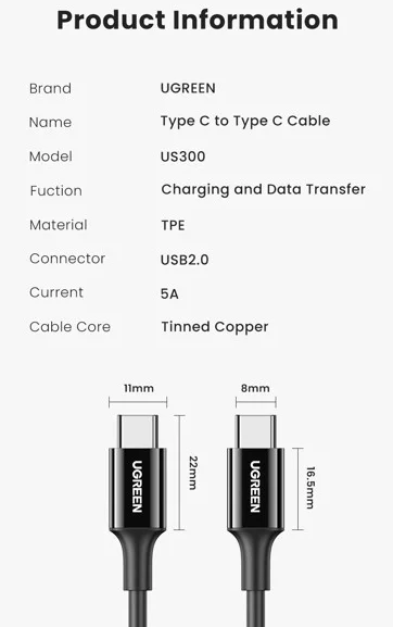 Ugreen 80371 1M 100W màu đen Cáp sạc nhanh và truyền dữ liệu 2 đầu USB type C Us300