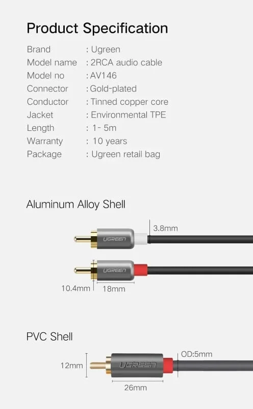 Ugreen 30804 1.5M Đen Cáp âm thanh Bông sen 2 ra 2 dương AV146 — ảnh 10