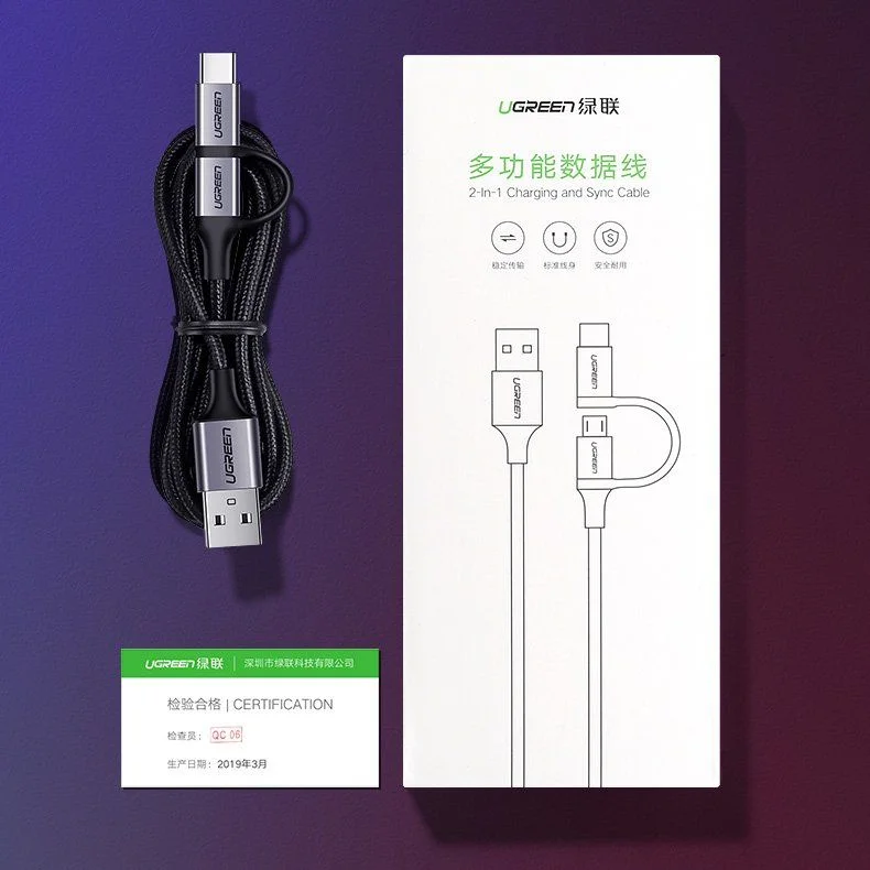 Ugreen 30875 1m cáp USB A ra Micro + Type C màu đen US177