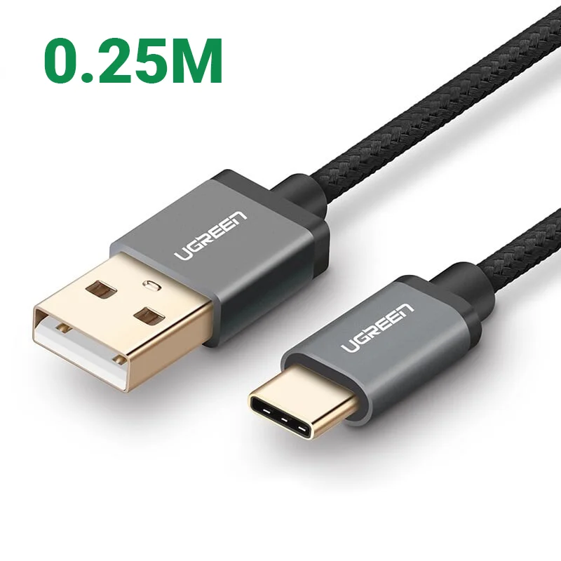 Ugreen 30878 0.25M 3A Màu Đen Cáp USB TypeC sang USB 2.0 Hỗ trợ sạc nhanh dây bên Nylon US174