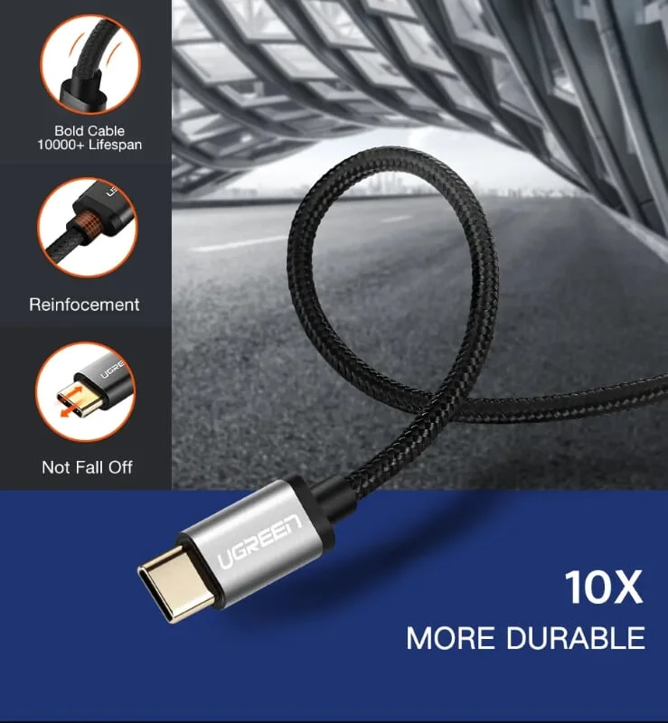 Ugreen 30879 0.5M 3A Màu Đen Cáp USB TypeC sang USB 2.0 Hỗ trợ sạc nhanh dây bên Nylon US174 — ảnh 6