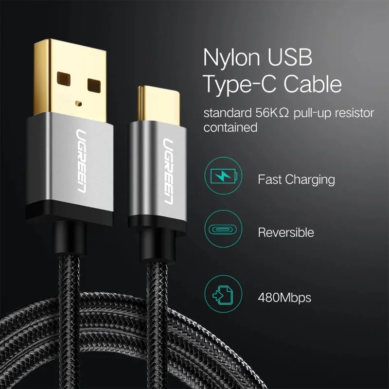 Ugreen 30881 1.5M 3A Màu Đen Cáp USB TypeC sang USB 2.0 Hỗ trợ sạc nhanh dây bên Nylon US174 — ảnh 8