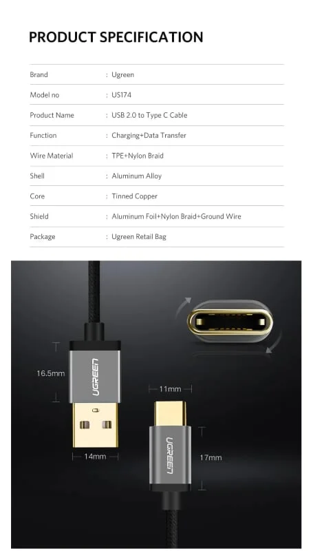 Ugreen 30883 3M 3A Màu Đen Cáp USB TypeC sang USB 2.0 Hỗ trợ sạc nhanh dây bên Nylon US174 — ảnh 9