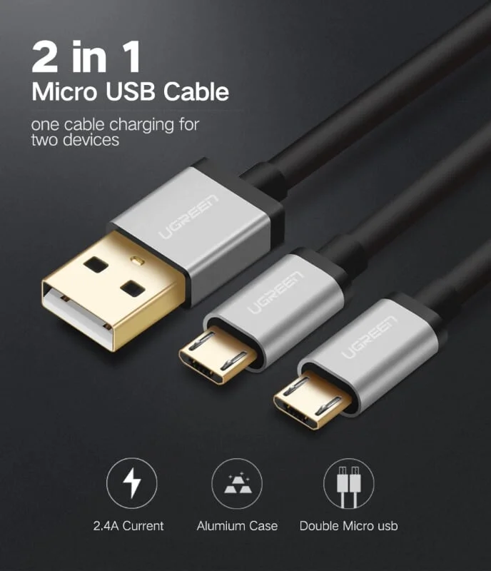 Ugreen 40347 0.5M màu Đen Cáp USB-A 2.0 sang 2 đầu Micro USB US196 — ảnh 4