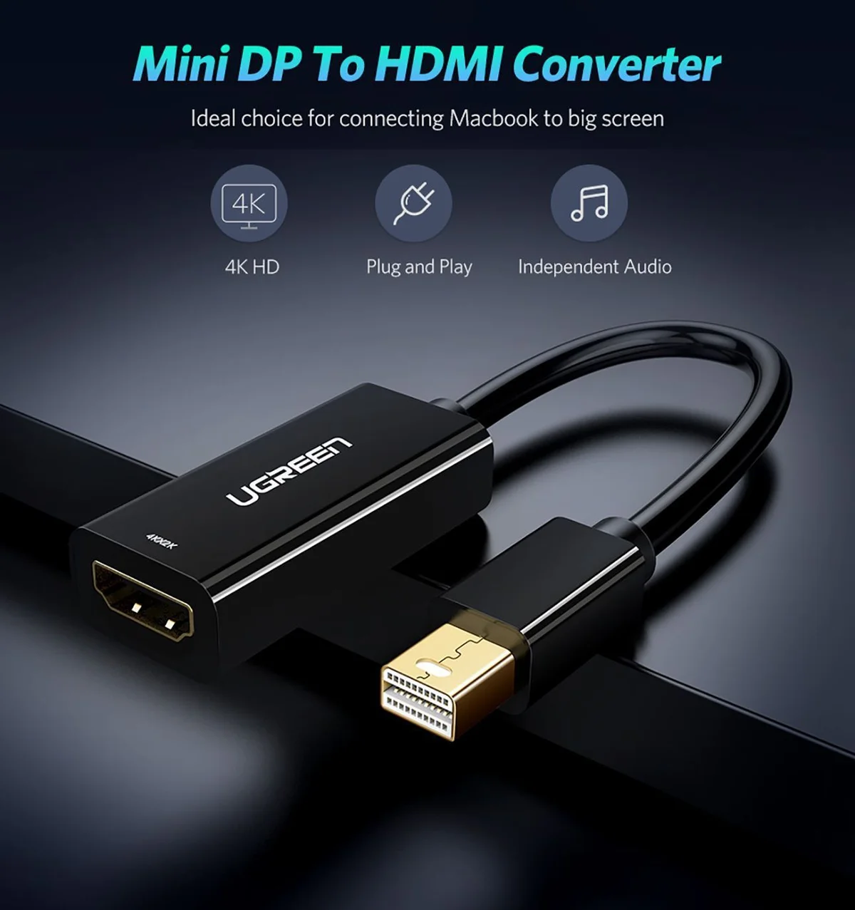 Ugreen 40360 25CM màu Đen Cáp chuyển đổi Mini DP sang HDMI hỗ trợ phân giải 4K x 2K MD112