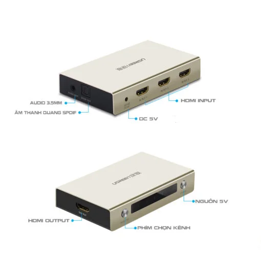 Ugreen 40369 Bộ gộp HDMI 3 vào 1 ra hỗ trợ 4K x 2K vỏ hộp kim cao cấp kèm cổng âm thanh MM128