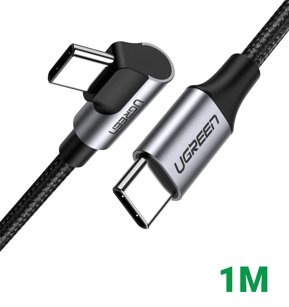 Ugreen 50123 1M 60W bẻ góc 90 độ hỗ trợ sạc nhanh PD cáp USB type C màu đen mạ nickel đầu bọc nhôm US255