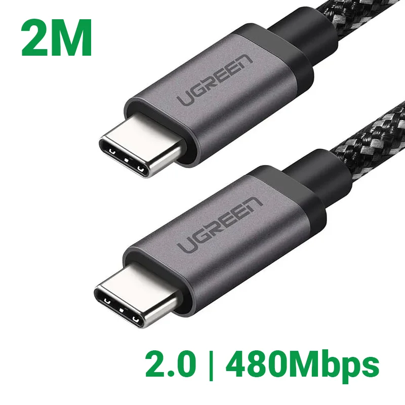 Ugreen 50449 2m 2.0 màu đen dây bện vải cotton mạ nickel cáp USB 2 đầu Type C US161