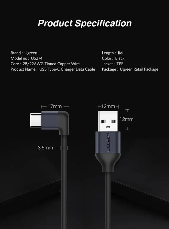Ugreen 50521 1M Dây USB sang USB-C vuông góc US274