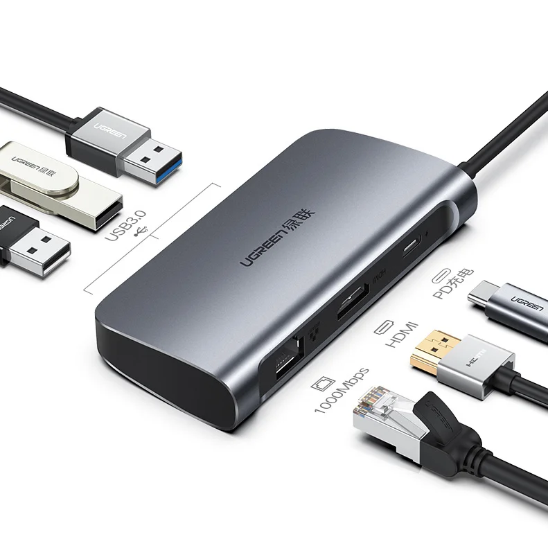 Ugreen 50771 Bộ chuyển đổi TYPE C sang 2 USB 3.0 + HDMI + LAN + hỗ trợ nguồn TYPE C