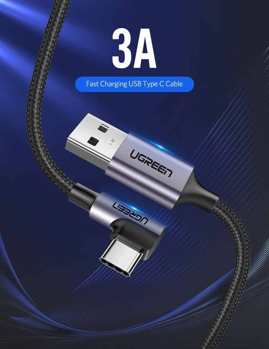 Ugreen 50942 2M 3A màu đen USB Type-C cáp bẻ góc 90 độ US284