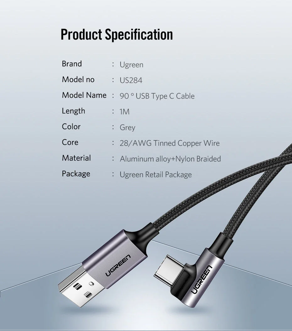 Ugreen 50942 2M 3A màu đen USB Type-C cáp bẻ góc 90 độ US284
