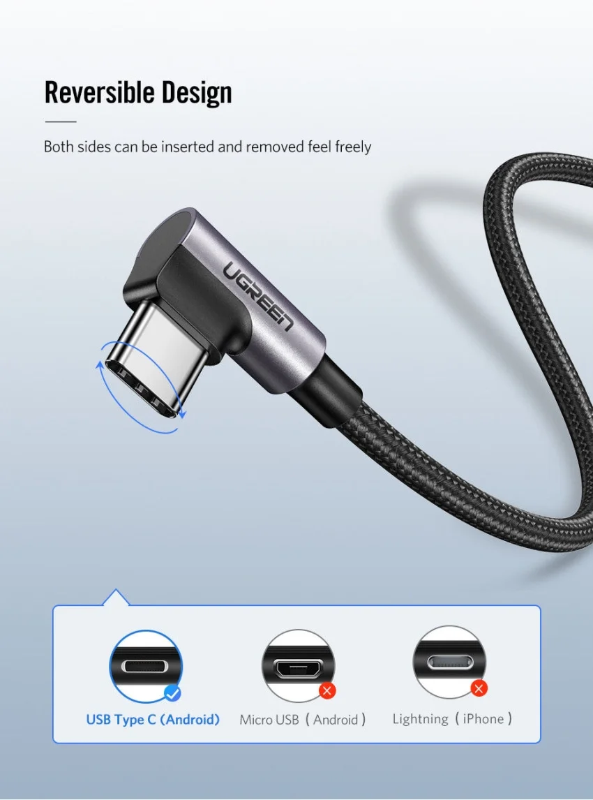 Ugreen 50941 1M 3A màu đen USB Type-C cáp bẻ góc 90 độ US284 — ảnh 7