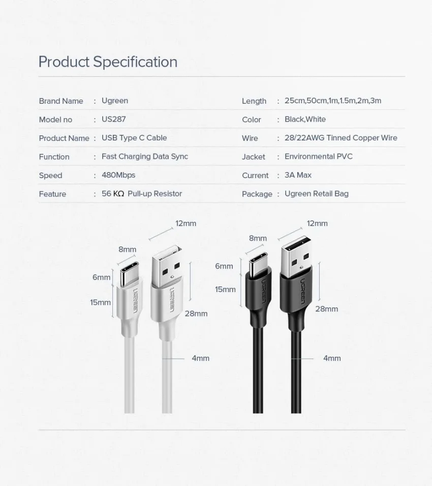 Ugreen 60119 0.25M Dây USB 2.0 sang USB Type-C US287 — ảnh 3