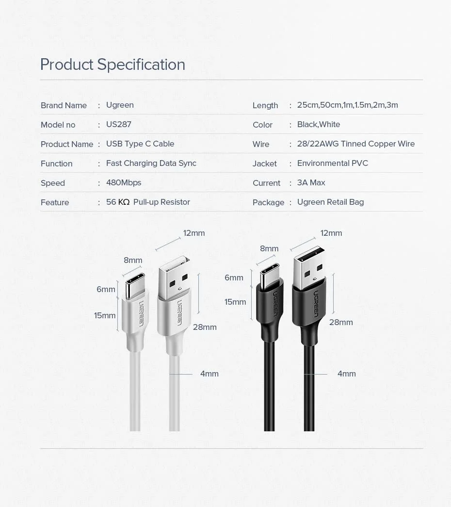Ugreen 60119 0.25M Dây USB 2.0 sang USB Type-C US287