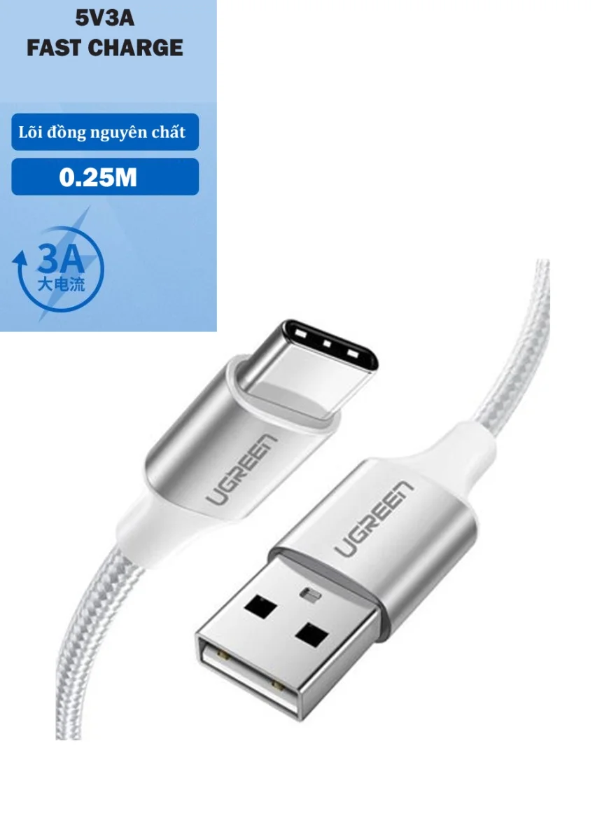 Ugreen 60225 3m 2.0 màu trắng cáp Usb ra Type C sạc và truyền dữ liệu US287 — ảnh 2