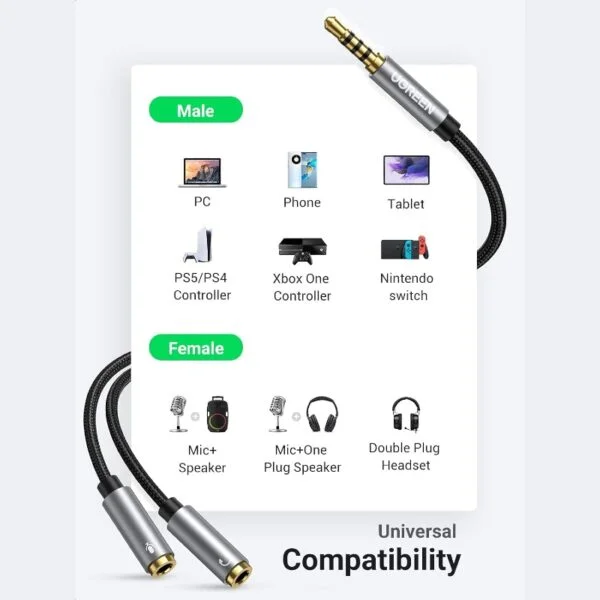 Ugreen 60287 20CM màu Đen Dây chuyển âm thanh 3.5mm âm sang Jack Mic + Loa dương AV141 — ảnh 6