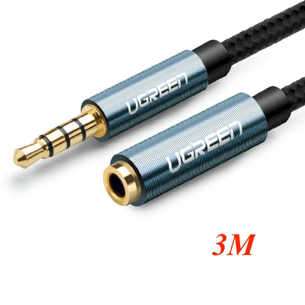 Ugreen 60635 3M 4 ngấn Màu Đen Cáp nối dài âm thanh AUX 3.5mm hỗ trợ Mic bọc Nylon cao cấp AV118