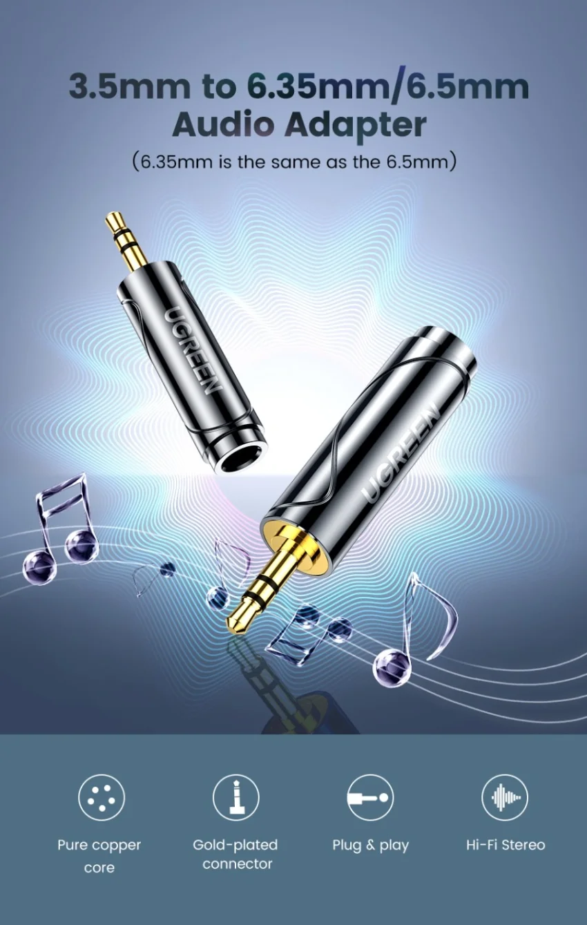 Ugreen 60711 3.5mm đực sang 6.5mm cái Đầu Jack chuyển Audio AV168