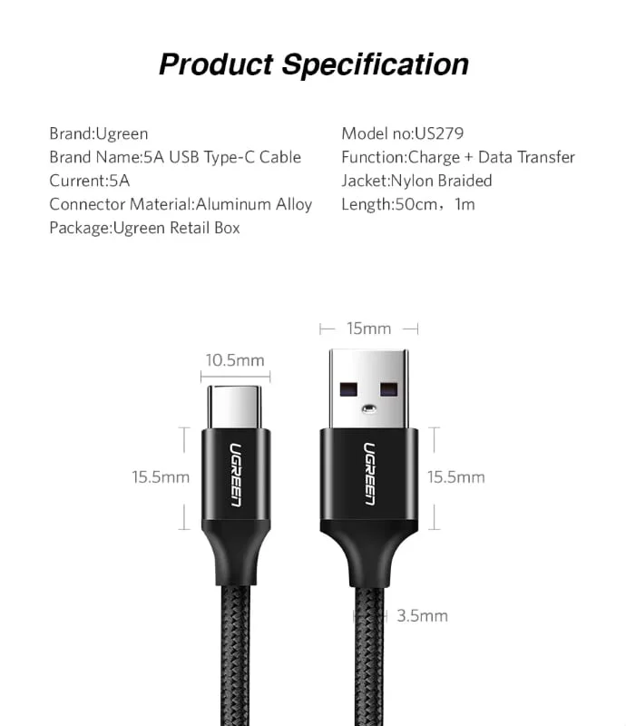 Ugreen 60728 0.25M 5A Cáp dữ liệu USB Type-C sang USB 2.0 màu đen US279 — ảnh 7