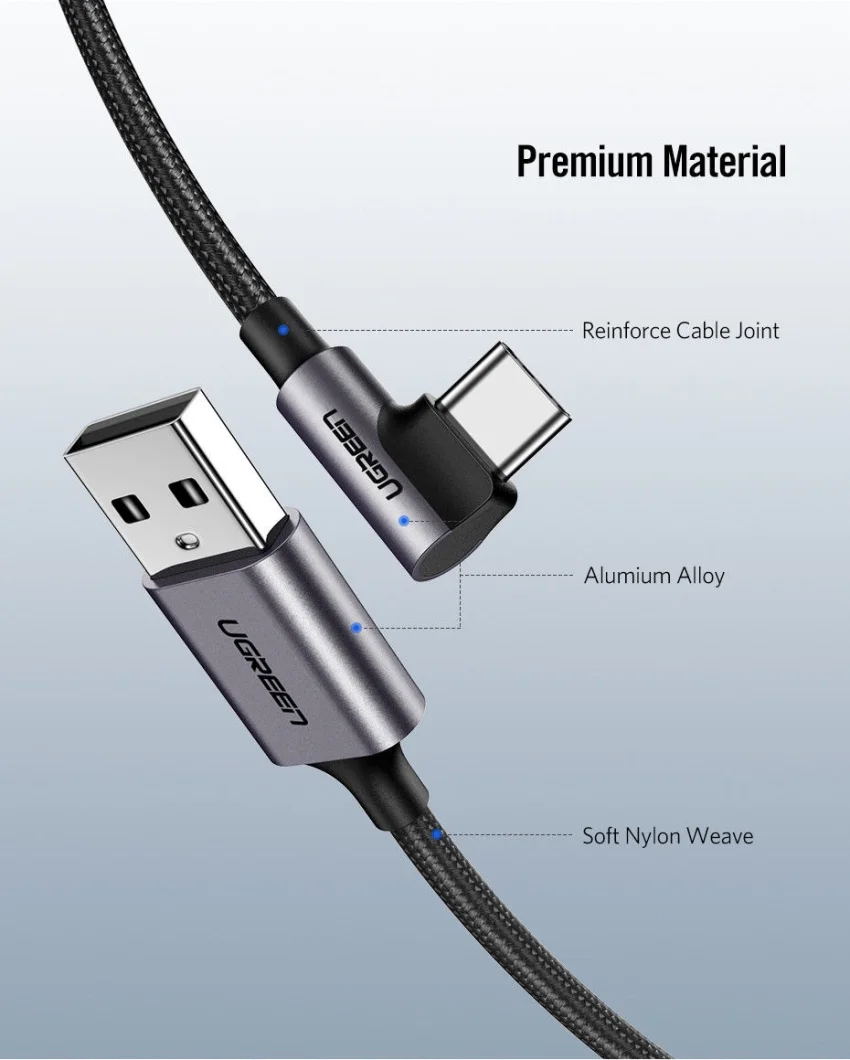 Ugreen 60782 1.5M 3A màu đen USB Type-C cáp bẻ góc 90 độ US284 — ảnh 10