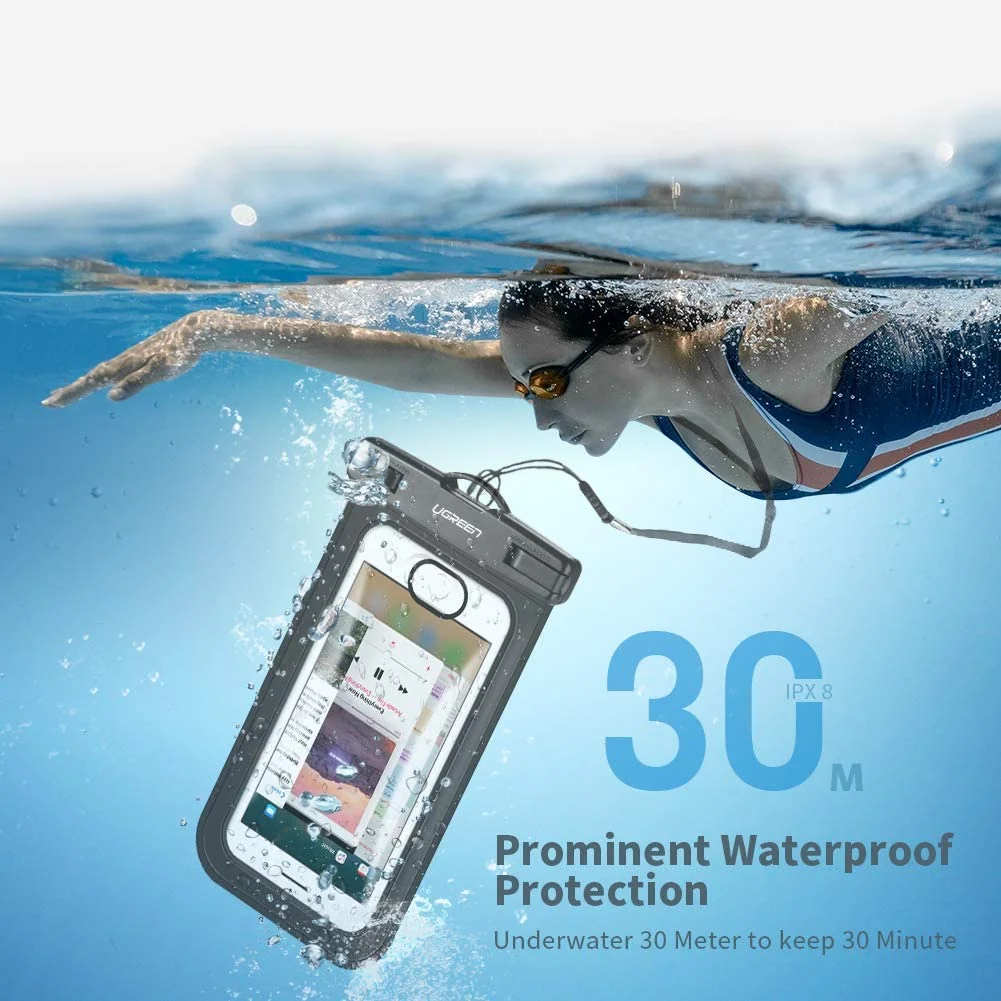 Ugreen 60959 Túi đựng điện thoại chống nước tiêu chuẩn IPX 8 độ sâu 10m, trong suốt cho màn hình từ 4 đến 6.5 inch 60959