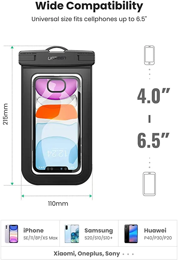 Ugreen 60959 Túi đựng điện thoại chống nước tiêu chuẩn IPX 8 độ sâu 10m, trong suốt cho màn hình từ 4 đến 6.5 inch 60959