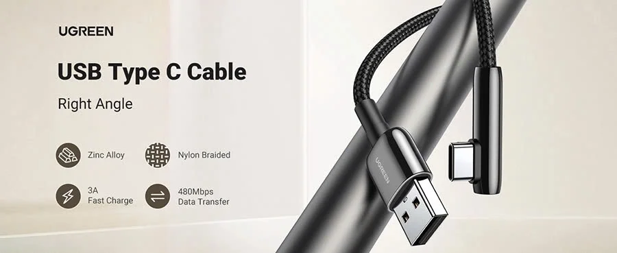 Ugreen 70415 2M màu đen cáp USB type C bẻ góc phải 90 độ ra usb A chống nhiễu US313