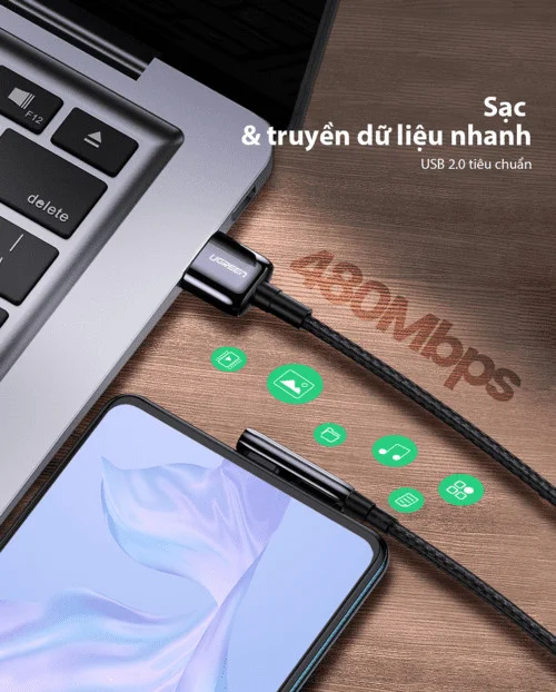 Ugreen 70431 dài 0.5M bẻ góc C 90 độ Cáp USB A sang Type-C 2.0 màu đen US317 — ảnh 5