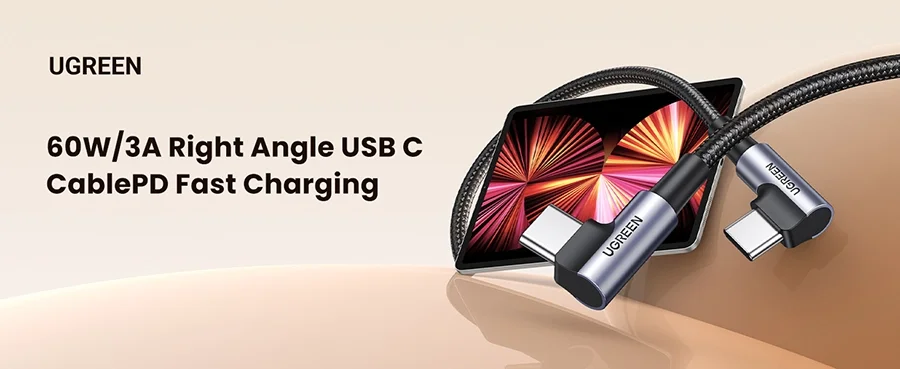 Ugreen 70529 1M 3A 2 đầu bẻ góc phải 90 độ cáp USB type C ra C đầu nhôm chống nhiễu US323