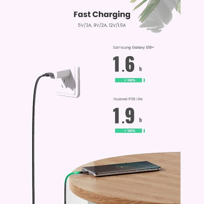 Ugreen 10965 2m QC4 3A cáp usb A ra type C mỏng dẹp 2.5mm màu đen bện dù US330