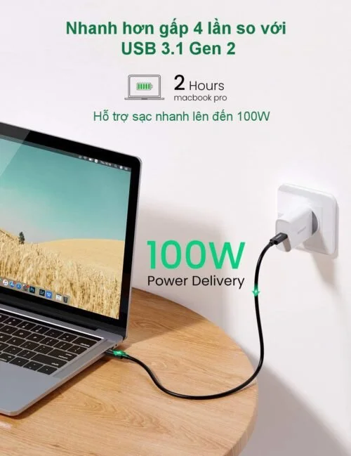 Ugreen 70951 0.8M 40Gbps 100W USB 3.1 cáp USB type C Thunderbolt 3 hỗ trợ PD màu đen US341 — ảnh 4