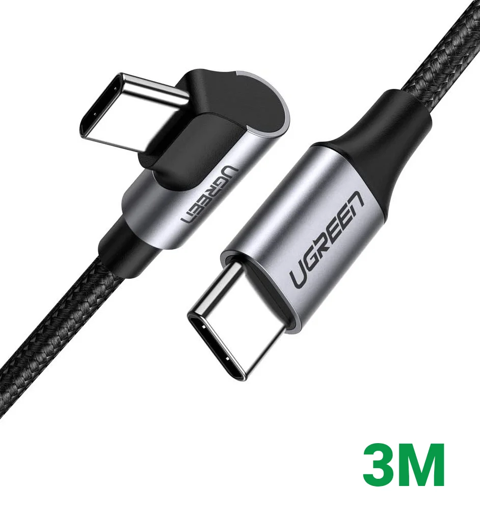 Ugreen 80714 3M 60W bẻ góc 90 độ hỗ trợ sạc nhanh PD cáp USB type C màu đen mạ nickel đầu bọc nhôm US255