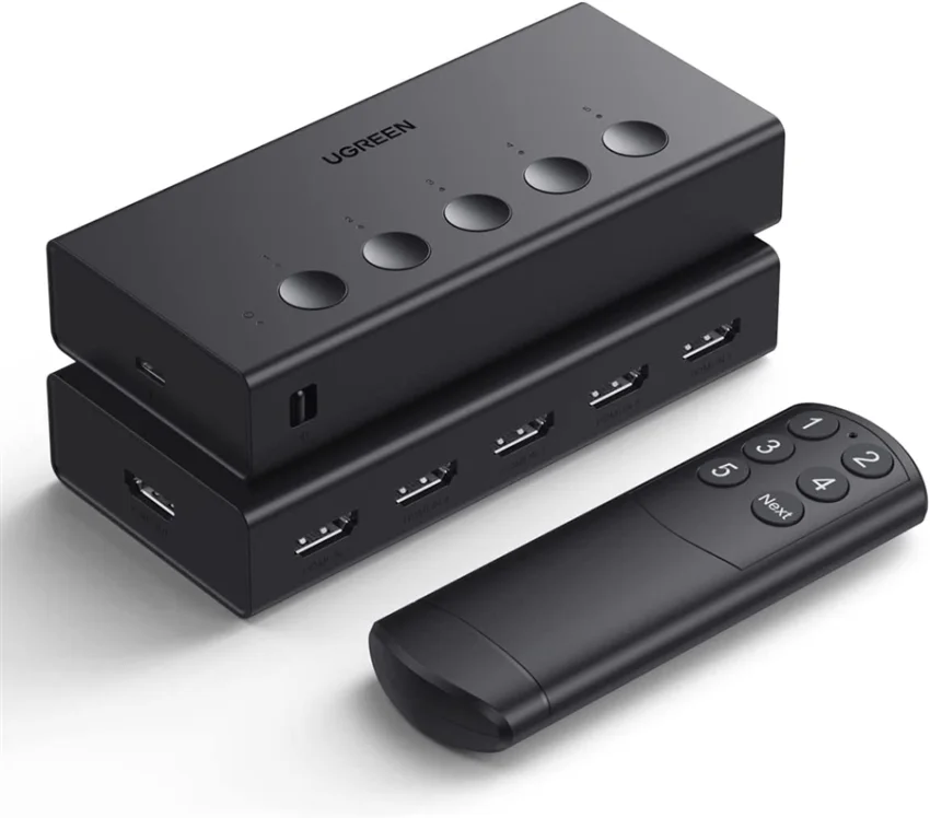 Ugreen 90512 4K60Hz Bộ gộp HDMI 2.0 5 vào 1 ra kèm cáp cấp nguồn USB-C dài 1M + remote cm568