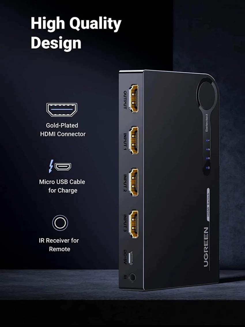 Ugreen 90800 4K60Hz Bộ gộp HDMI 2.0 3 vào 1 ra kèm cáp cấp nguồn USB-C dài 1M + remote cm598 — ảnh 2