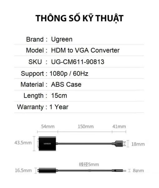 Ugreen 90813 1080 60Hz Cáp chuyển HDMI sang VGA có cổng cấp nguồn USB-C CM611